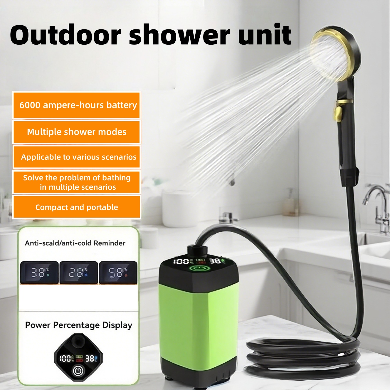 Portable Camping Shower - 휴대용 야외 전기 샤워기, 긴 배터리